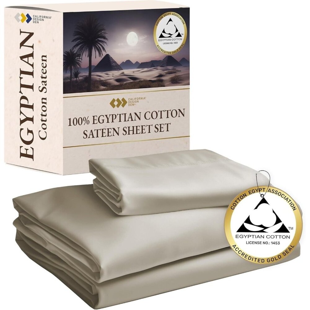 California Design Den Certified 100% Egyptian Cotton Sheets Set - TWIN XL, Beige